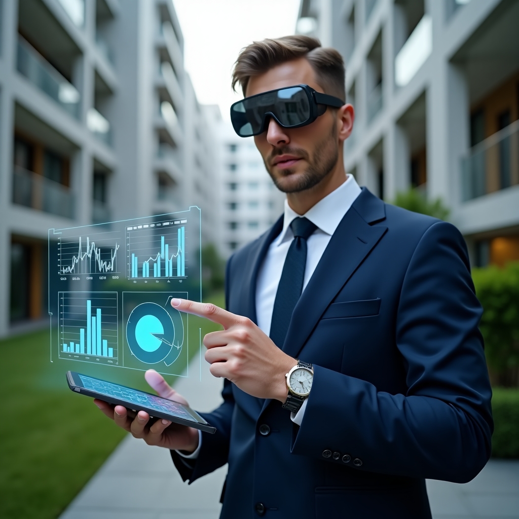 Ultra-realistic condominium manager in a navy blue executive suit, set in a modern luxury condominium environment with high-rise buildings and lush green landscaping, mid-shot holding a tablet displaying holographic budget charts and financial dashboards, confidently pointing at a 3D pie chart and bar graph symbolizing annual budget approval, cinematic lighting, shallow depth of field, highly detailed textures, realistic skin, photographic realism, 8k resolution --ar 1:1 --v 6
