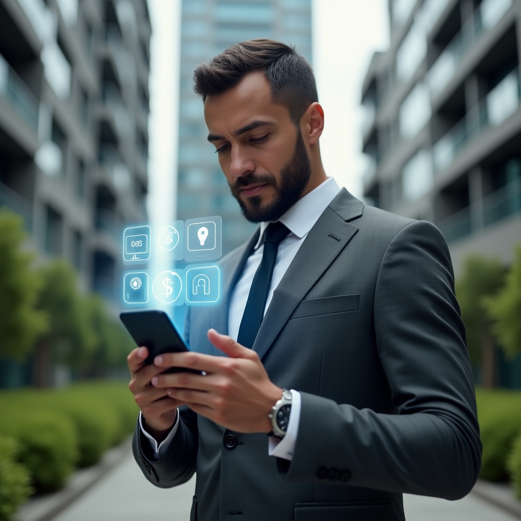 (Ultra-realistic property manager in a charcoal gray suit, set in a modern luxury condominium environment with high-rise buildings and lush green landscaping, holding a smartphone that projects holographic icons for messaging, finance, booking, and security, examining the interface with a confident and focused expression, cinematic lighting, shallow depth of field, highly detailed textures, realistic skin, photographic realism, 8k resolution --ar 1:1 --v 6)