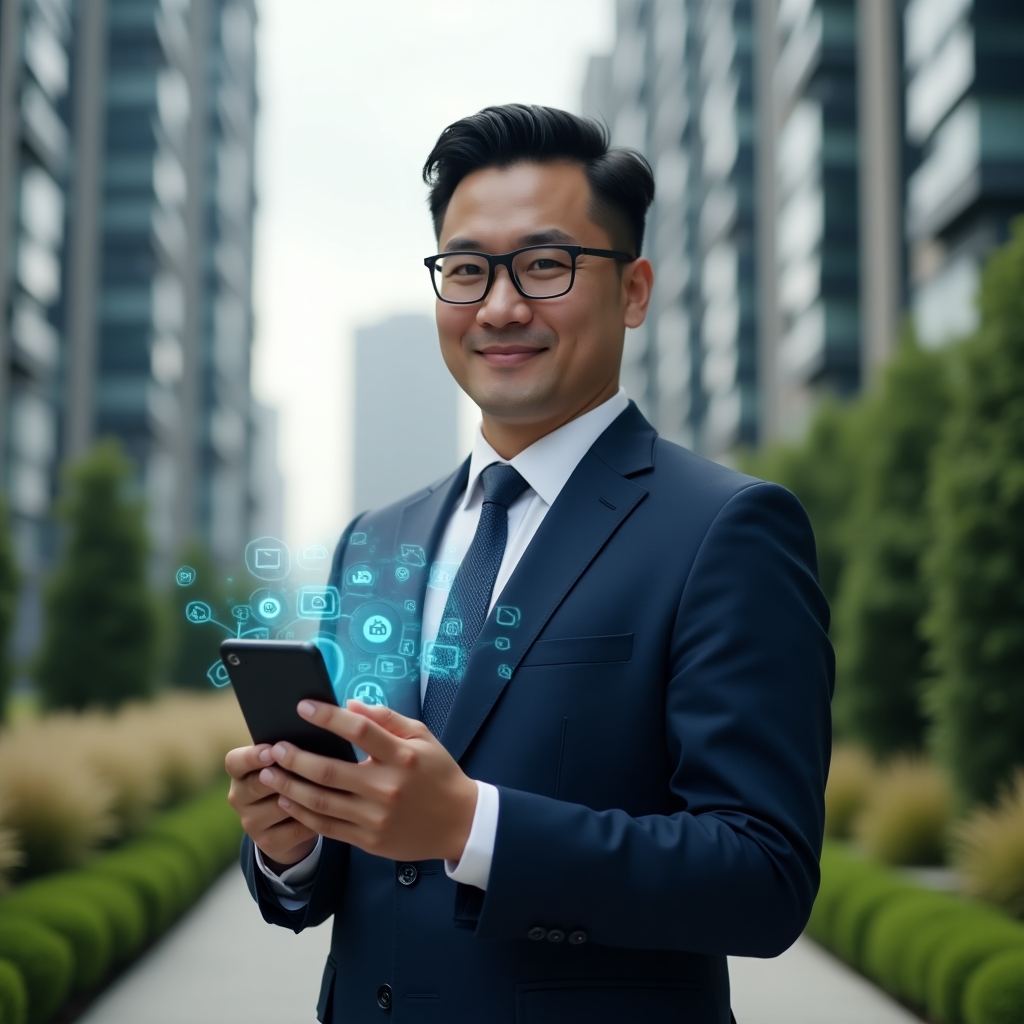 (Ultra-realistic condominium manager in a navy blue tailored suit, set in a modern luxury condominium environment with high-rise buildings and manicured green landscaping, confidently holding a smartphone displaying a holographic interface with floating icons for finance, communication and maintenance, cinematic lighting, shallow depth of field, highly detailed textures, realistic skin, photographic realism, 8k resolution --ar 1:1 --v 6)