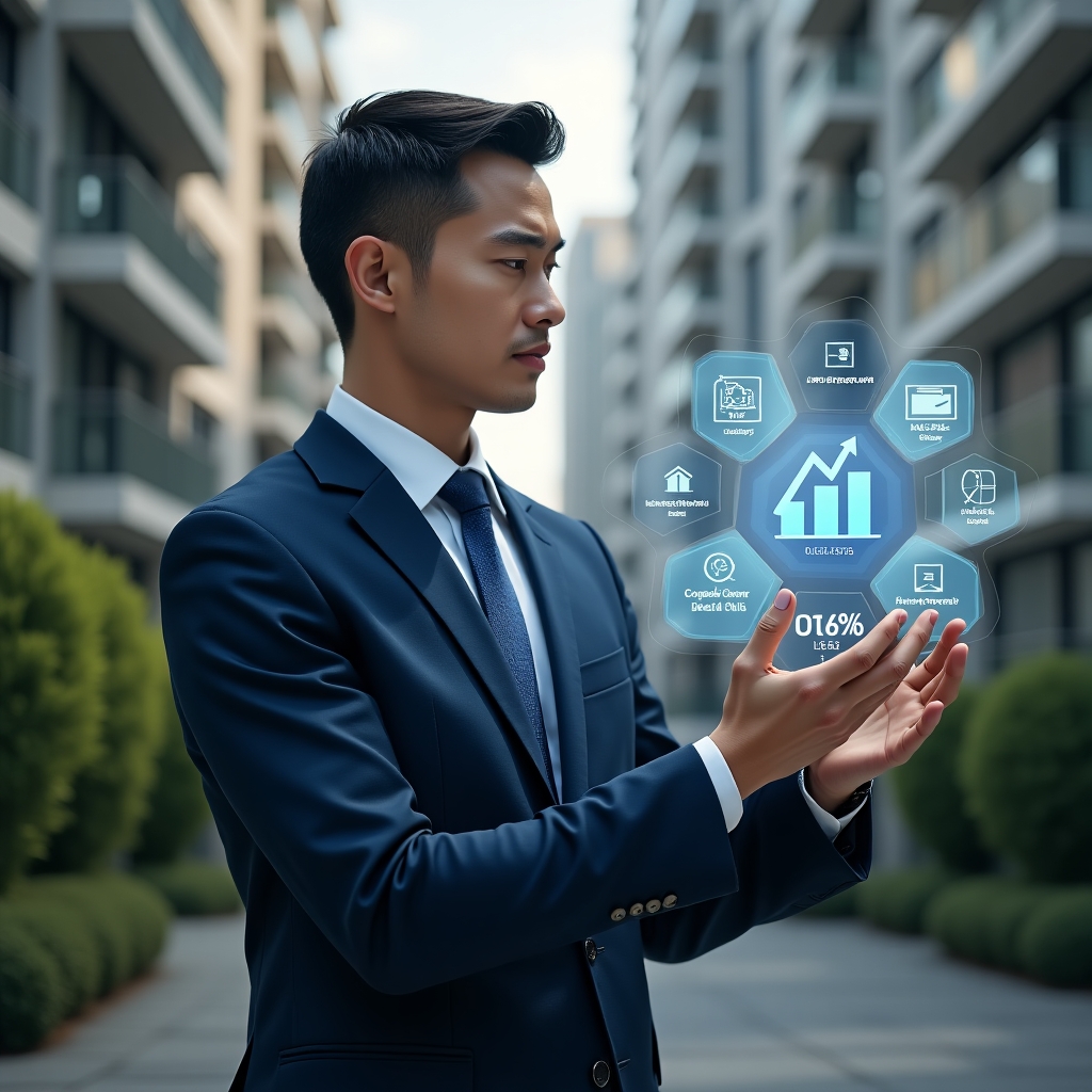 (Ultra-realistic condominium manager in a navy blue suit, set in a modern luxury condominium environment with high-rise buildings and lush green landscaping, interacting with a floating holographic interface displaying app icons, comparison charts and data analytics, confident and thoughtful expression, cinematic lighting, shallow depth of field, highly detailed textures, realistic skin, photographic realism, 8k resolution --ar 1:1 --v 6)