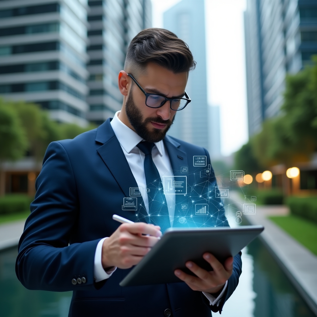 (Ultra-realistic condominium manager in a navy blue executive suit, set in a modern luxury condominium environment with high-rise buildings and manicured green landscaping, reviewing digital contract documents on a sleek tablet with a stylus, surrounded by floating holographic contract icons, calendar reminders and KPI charts, confident focused expression, cinematic lighting, shallow depth of field, highly detailed textures, realistic skin, photographic realism, 8k resolution --ar 1:1 --v 6)