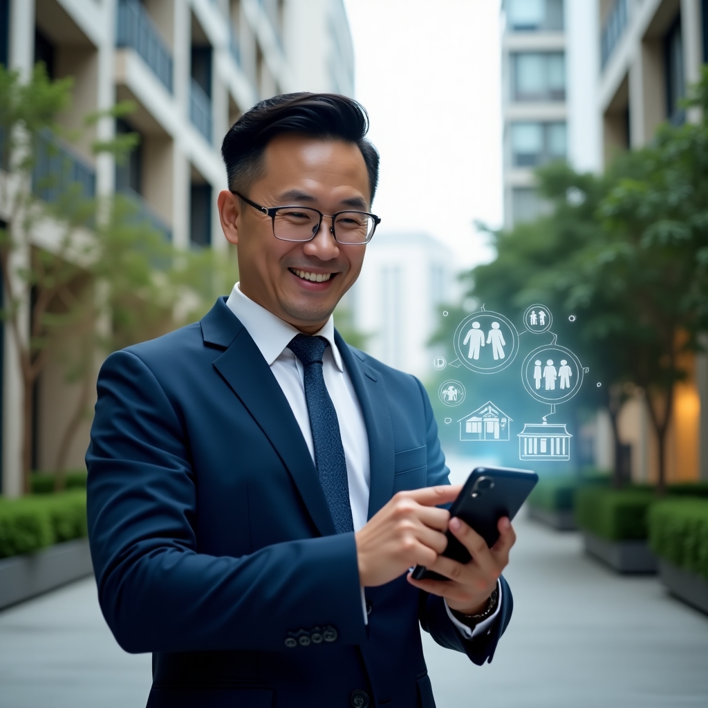 Ultra-realistic condominium manager in a tailored navy blue executive suit, set in a modern luxury condominium environment with high-rise buildings and lush green landscaping, holding a smartphone that projects holographic community icons and chat bubbles, smiling confidently while pointing at a digital floor-plan overlay, cinematic lighting, shallow depth of field, highly detailed textures, realistic skin, photographic realism, 8k resolution --ar 1:1 --v 6