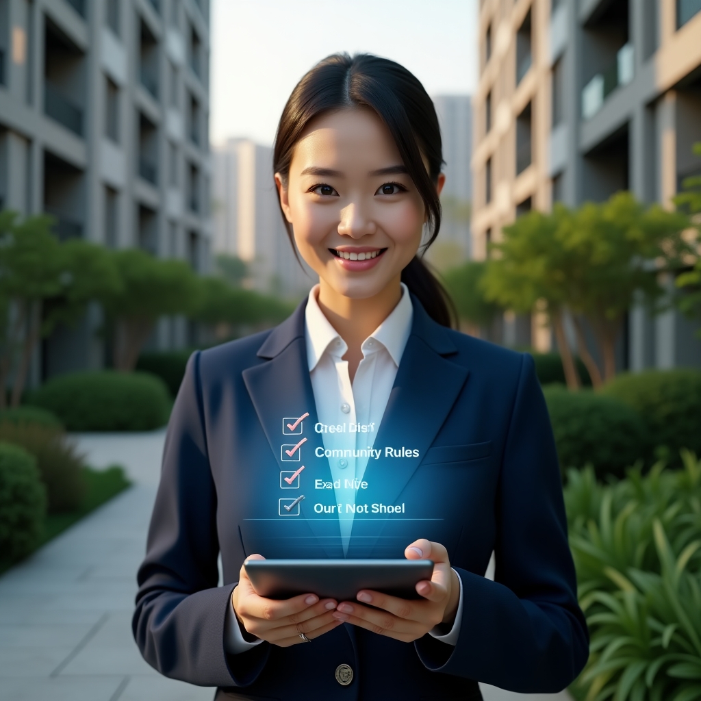 (Ultra-realistic condominium property manager in a tailored navy suit, set in a modern luxury condominium environment with high-rise buildings and lush green landscaping, holding a tablet projecting a holographic checklist of community rules and chat icons, confident and approachable expression, cinematic lighting, shallow depth of field, highly detailed textures, realistic skin, photographic realism, 8k resolution --ar 1:1 --v 6)