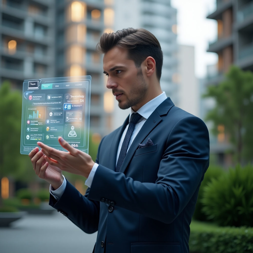 (Ultra-realistic condominium manager in a tailored navy suit, set in a modern luxury condominium environment with high-rise buildings and lush green landscaping, interacting with a holographic dashboard of financial charts, chat bubbles and security camera icons, confident and focused expression, cinematic lighting, shallow depth of field, highly detailed textures, realistic skin, photographic realism, 8k resolution --ar 1:1 --v 6)