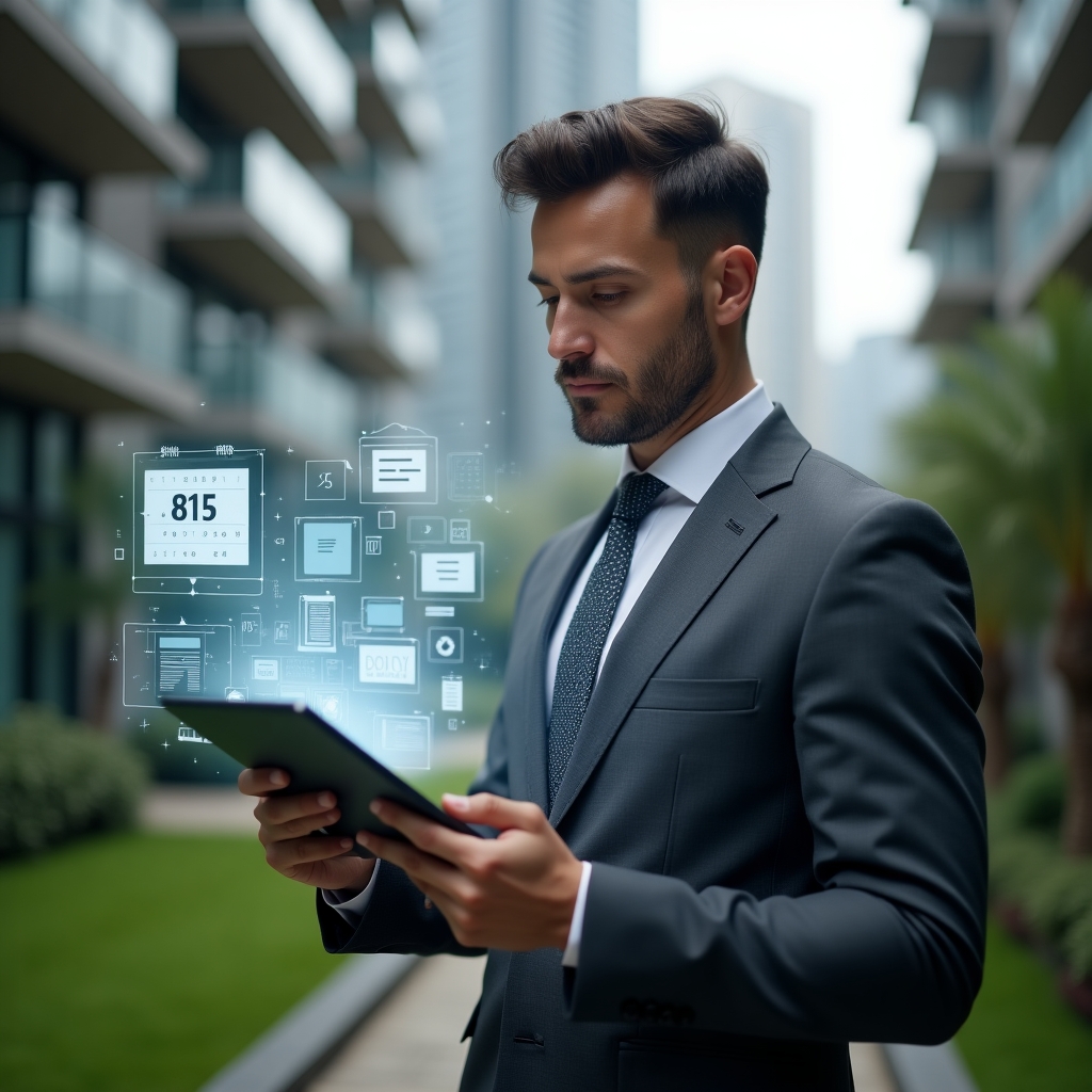 Ultra-realistic condominium manager in a charcoal gray suit, set in a modern luxury condominium environment with high-rise buildings and manicured green landscaping, reviewing holographic financial reports projected from a tablet, floating expense and calendar icons symbolizing deadlines and documentation, confident and focused expression, cinematic lighting, shallow depth of field, highly detailed textures, realistic skin, photographic realism, 8k resolution --ar 1:1 --v 6