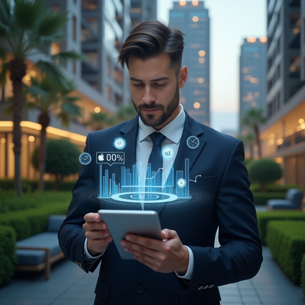 Ultra-realistic condominium manager professional in a dark navy executive suit, set in a modern luxury condominium environment with high-rise buildings and lush green landscaping, medium shot, holding a digital tablet displaying floating holographic expense charts and bar graphs, analyzing financial data with a confident and thoughtful expression, coin and clock icons symbolizing cost control orbiting around, cinematic lighting, shallow depth of field, highly detailed textures, realistic skin, photographic realism, 8k resolution --ar 1:1 --v 6