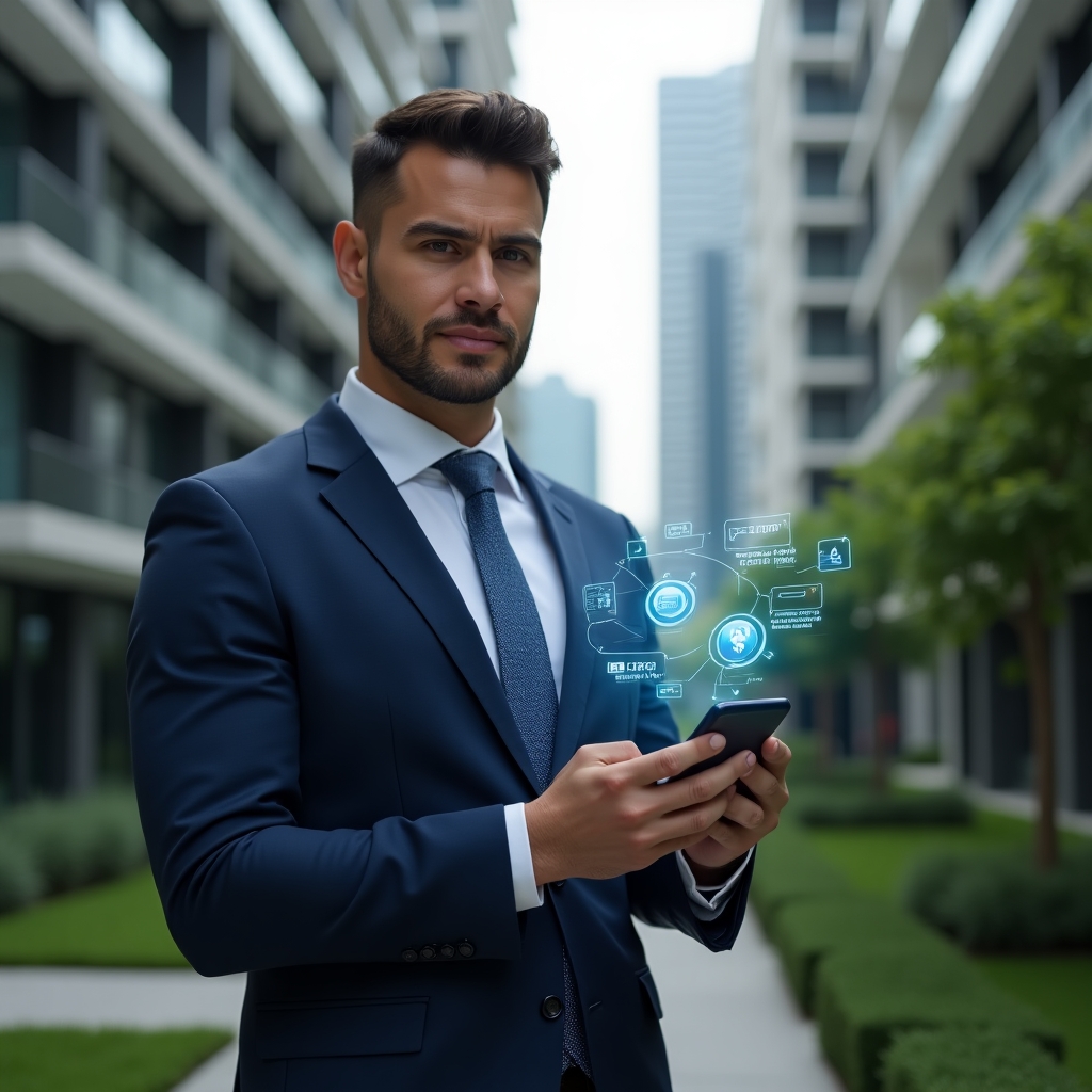 Ultra-realistic condominium manager in a tailored navy-blue suit, set in a modern luxury condominium environment with high-rise buildings and well-manicured green landscaping, holding a smartphone displaying a digital dashboard, holographic icons of finances, scheduling and messaging floating around the device, confident expression, cinematic lighting, shallow depth of field, highly detailed textures, realistic skin, photographic realism, 8k resolution --ar 1:1 --v 6