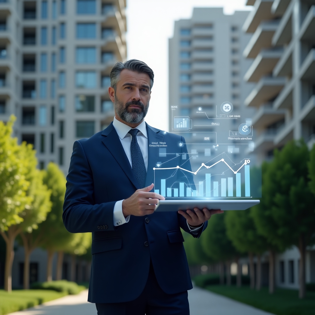 Ultra-realistic condominium manager in a navy blue suit, set in a modern luxury condominium environment with high-rise buildings and lush green landscaping, holding a digital tablet displaying floating holographic budget charts while presenting with a confident, thoughtful expression, holographic graphs of expenses and approval icons surrounding, cinematic lighting, shallow depth of field, highly detailed textures, realistic skin, photographic realism, 8k resolution --ar 1:1 --v 6