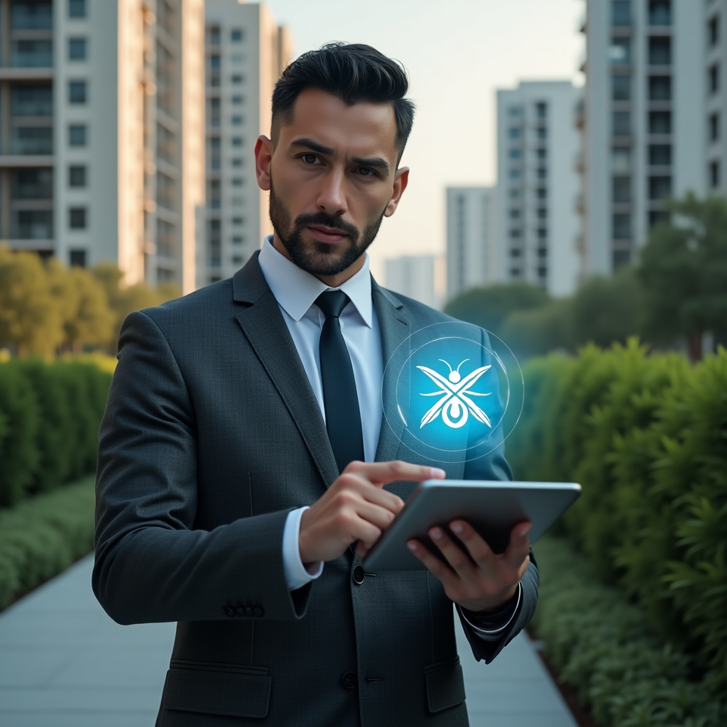 (Ultra-realistic condominium manager in a charcoal gray suit, set in a modern luxury condominium environment with high-rise buildings and lush green landscaping, holding a tablet displaying a holographic mosquito icon crossed out and water droplet symbol, pointing at the display in a confident and proactive pose, cinematic lighting, shallow depth of field, highly detailed textures, realistic skin, photographic realism, 8k resolution --ar 1:1 --v 6)