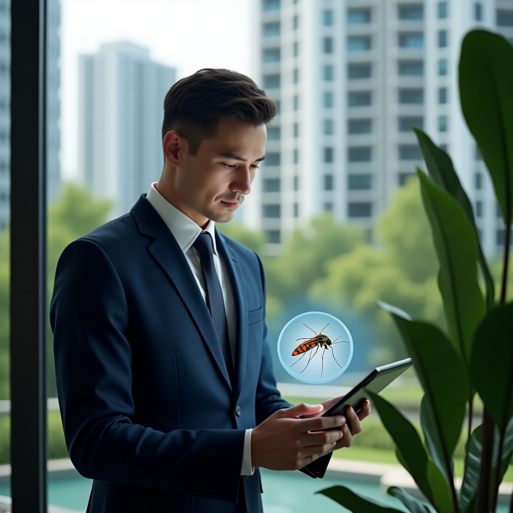 (Ultra-realistic property manager in a dark blue business suit, set in a modern luxury condominium environment with high-rise buildings and lush green landscaping, examining a potted plant while holding a digital tablet displaying a holographic mosquito icon to symbolize dengue monitoring, confident and focused expression, cinematic lighting, shallow depth of field, highly detailed textures, realistic skin, photographic realism, 8k resolution --ar 1:1 --v 6)