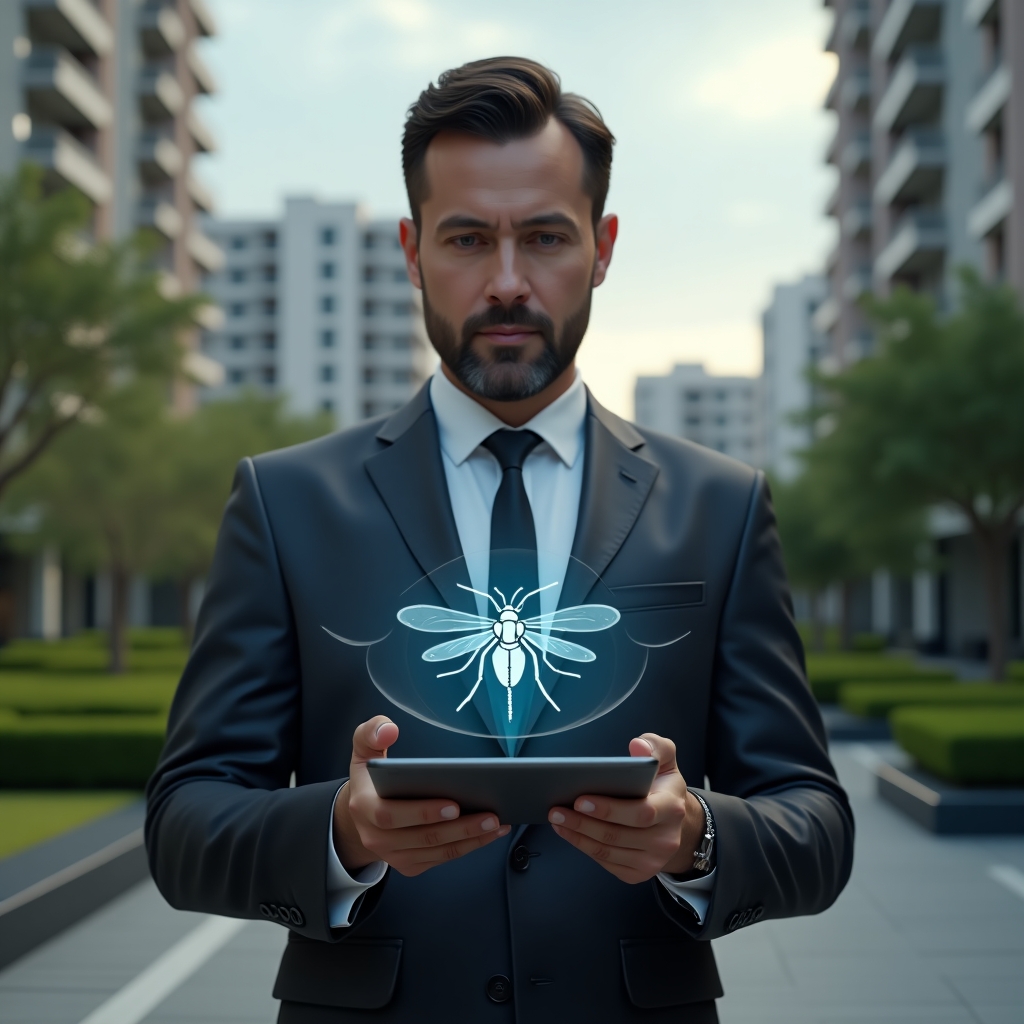 Ultra-realistic condominium manager in a charcoal suit, set in a modern luxury condominium environment with high-rise buildings and green landscaping, holding a tablet projecting a holographic mosquito icon and interactive map of breeding hotspots, looking focused and confident, cinematic lighting, shallow depth of field, highly detailed textures, realistic skin, photographic realism, 8k resolution --ar 1:1 --v 6