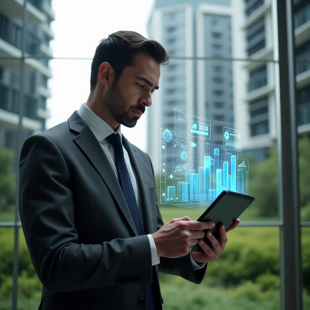 Ultra-realistic property manager in a charcoal-gray suit, set in a modern luxury condominium environment with high-rise residential towers and lush green landscaping, mid-shot analyzing a tablet projecting holographic payment charts and notification icons, pointing confidently at the floating dashboard, serious yet optimistic expression, cinematic lighting, shallow depth of field, highly detailed textures, realistic skin, photographic realism, 8k resolution --ar 1:1 --v 6