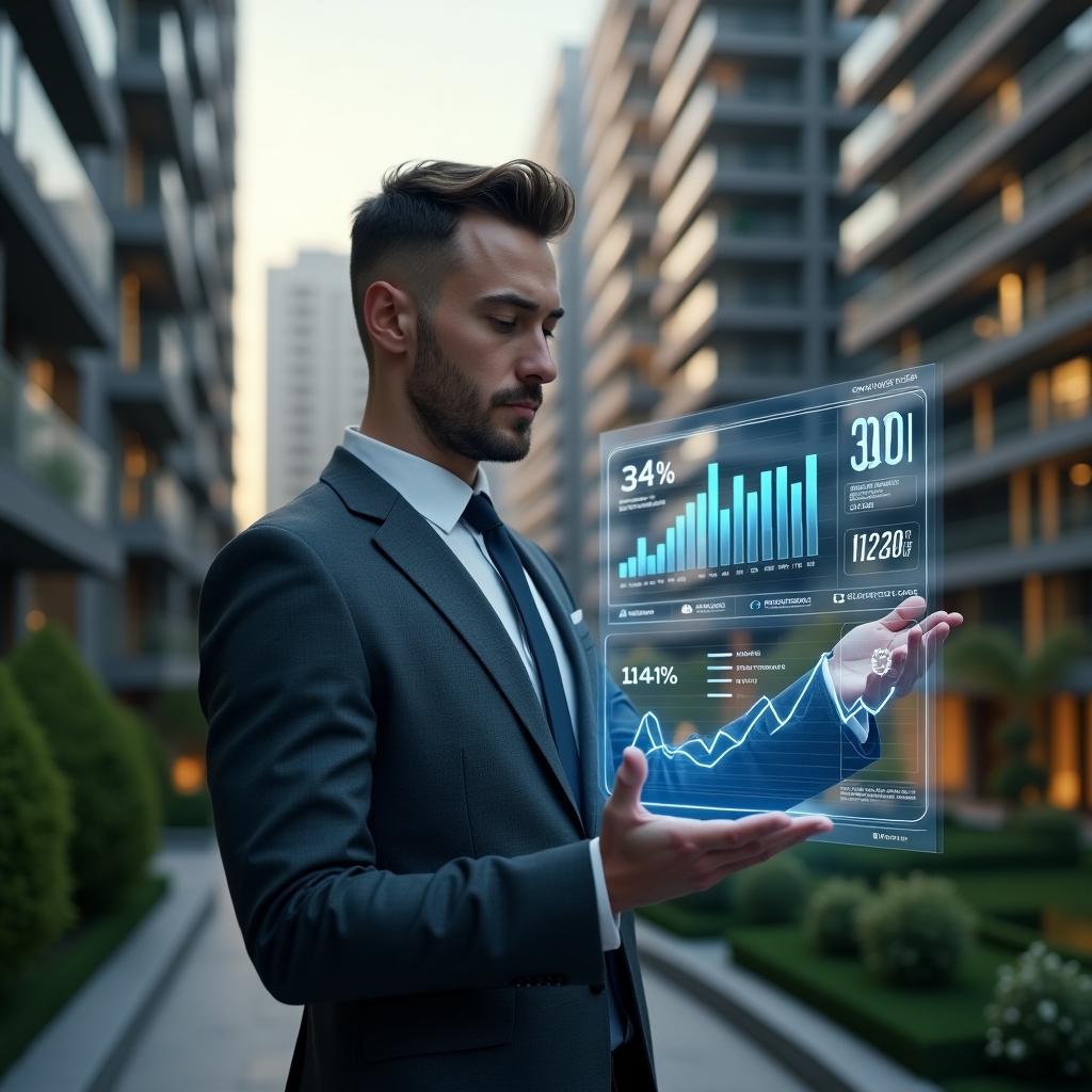 Ultra-realistic condominium manager in a tailored charcoal suit, set in a modern luxury condominium environment with high-rise buildings and manicured gardens, confidently reviewing a holographic digital dashboard displaying 30% expense reduction graphs and automation icons, cinematic lighting, shallow depth of field, highly detailed textures, realistic skin, photographic realism, 8k resolution --ar 1:1 --v 6