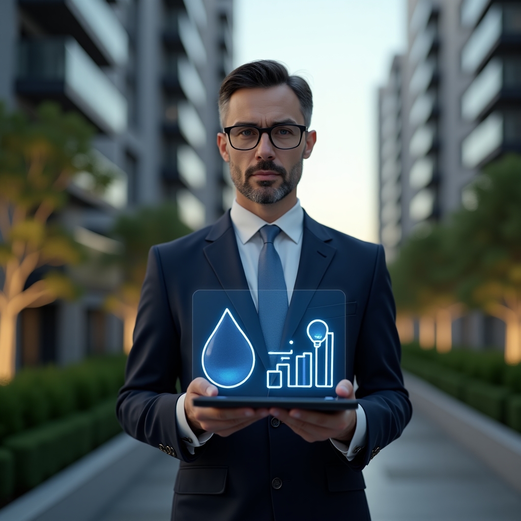 Ultra-realistic condominium manager in a tailored navy suit, set in a modern luxury condominium environment with high-rise buildings and lush green landscaping, holding a tablet displaying holographic water droplet and light bulb consumption graphs, confident and focused expression, cinematic lighting, shallow depth of field, highly detailed textures, realistic skin, photographic realism, 8k resolution --ar 1:1 --v 6