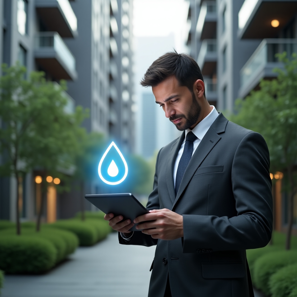 Ultra-realistic condominium manager in a charcoal gray suit, set in a modern luxury condominium environment with high-rise buildings and lush green landscaping, medium shot of the manager examining a digital tablet displaying a highlighted water leak icon, holographic water droplet overlay beside the device, serious and focused expression, cinematic lighting, shallow depth of field, highly detailed textures, realistic skin, photographic realism, 8k resolution --ar 1:1 --v 6