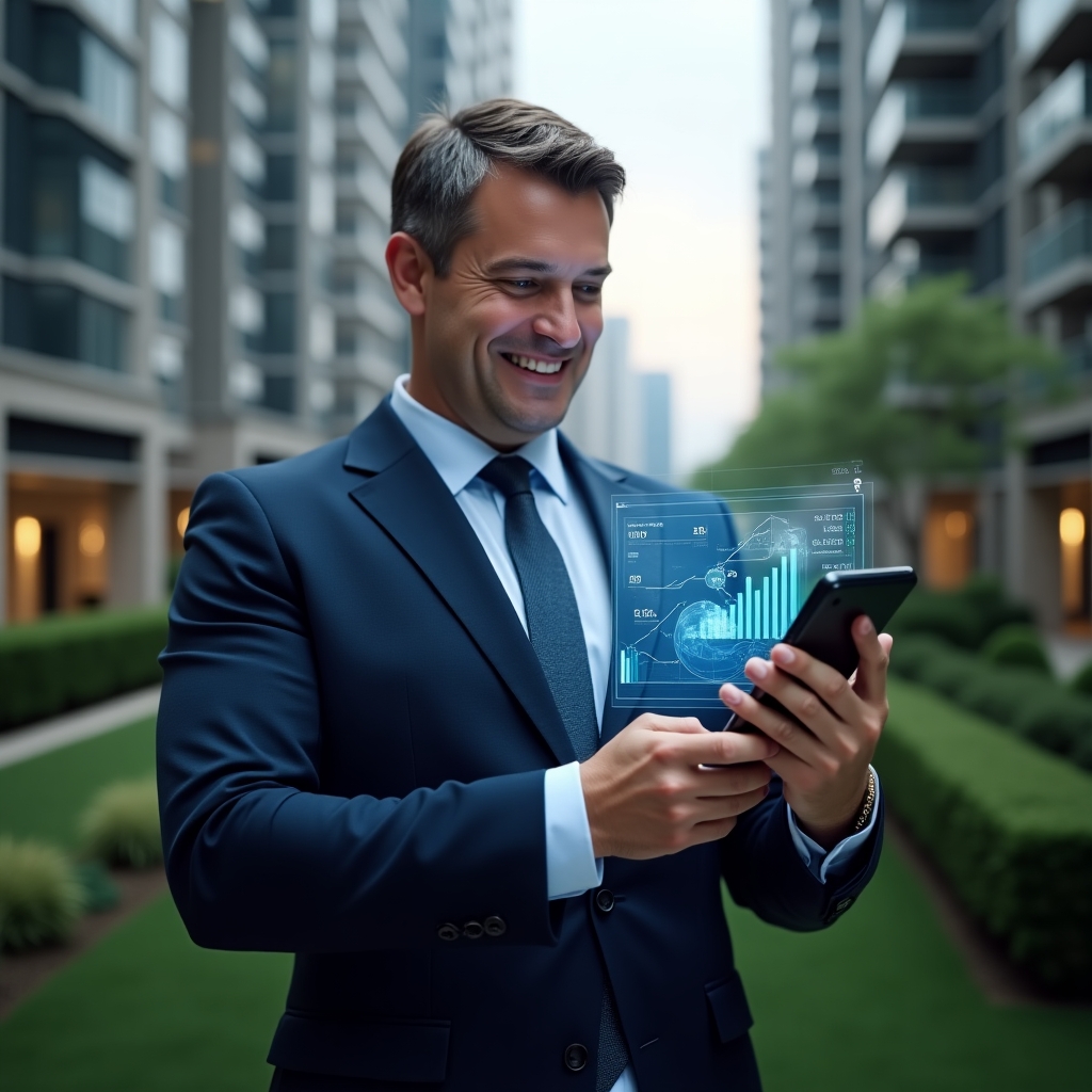 (Ultra-realistic condominium manager in a navy blue suit, set in a modern luxury condominium environment with high-rise buildings and green landscaping, holding a smartphone displaying a futuristic management app interface with holographic financial charts and maintenance icons, confidently smiling while analyzing reports, cinematic lighting, shallow depth of field, highly detailed textures, realistic skin, photographic realism, 8k resolution --ar 1:1 --v 6)