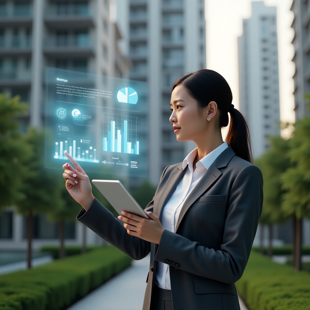 (Ultra-realistic condominium manager in a charcoal gray executive suit, set in a modern luxury condominium environment with high-rise buildings and manicured green landscaping, medium shot of a confident professional woman holding a tablet and pointing at floating holographic bar charts, pie graphs and a digital timeline checklist, cinematic lighting, shallow depth of field, highly detailed textures, realistic skin, photographic realism, 8k resolution --ar 1:1 --v 6)