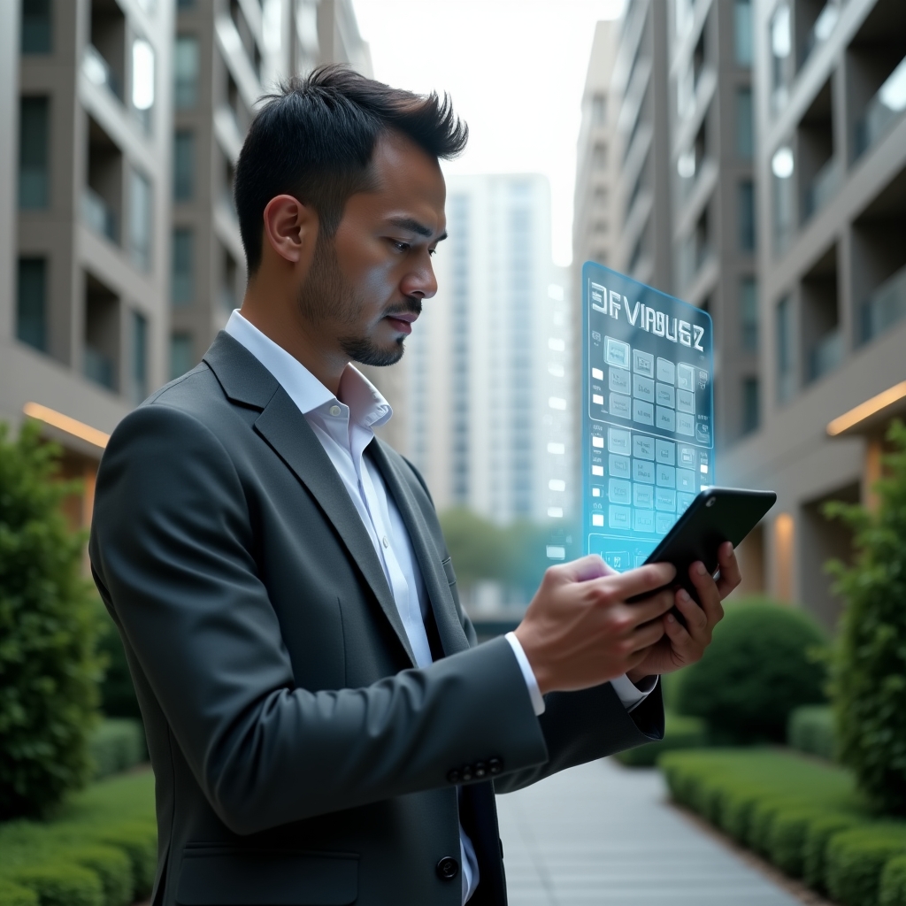 (Ultra-realistic condominium manager in a charcoal gray suit, set in a modern luxury condominium environment with high-rise buildings and manicured green landscaping, medium shot of the manager reviewing a holographic digital schedule projected from a tablet with floating calendar and checklist icons, confident and focused expression, cinematic lighting, shallow depth of field, highly detailed textures, realistic skin, photographic realism, 8k resolution --ar 1:1 --v 6)