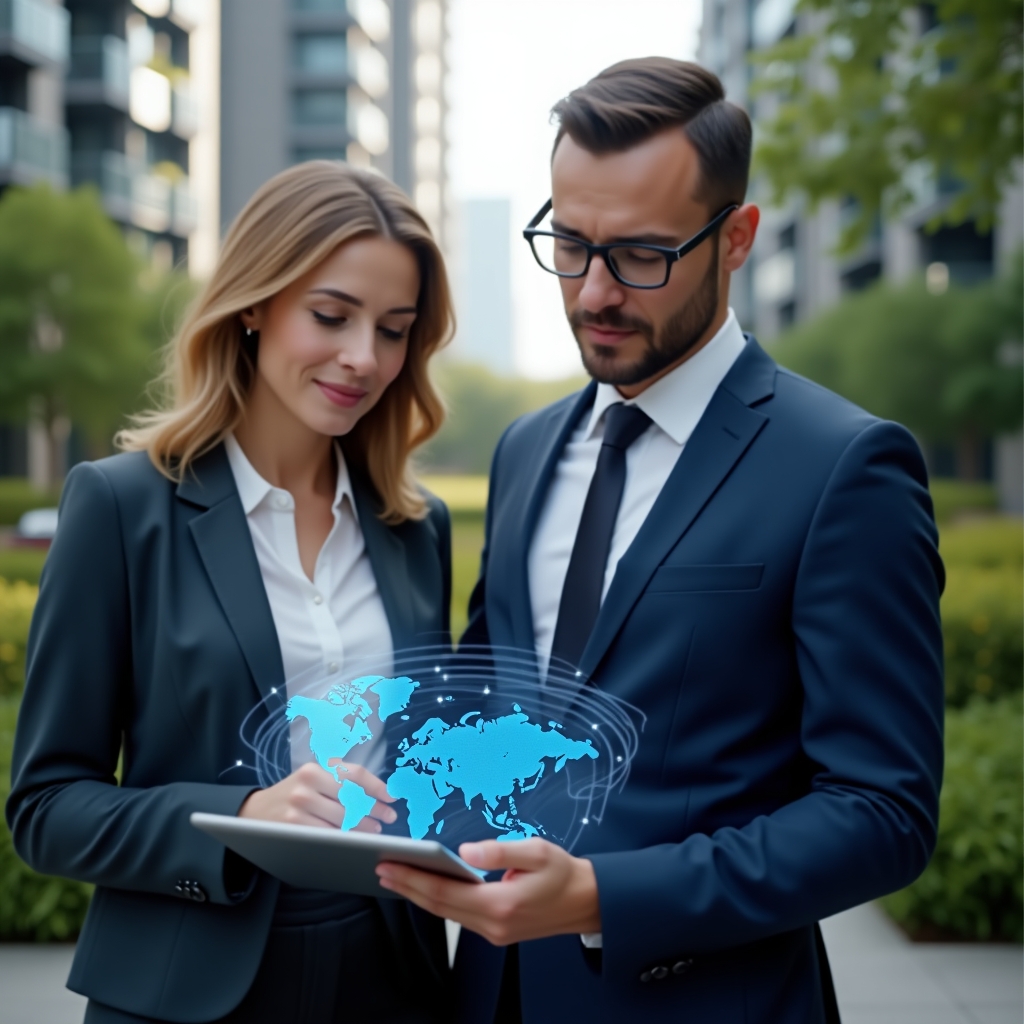 Ultra-realistic condominium manager in a tailored navy suit, set in a modern luxury condominium environment with high-rise buildings and lush green landscaping, standing beside a casually dressed resident leader as they collaboratively review a holographic condominium management dashboard projected from a tablet, both with confident, engaged expressions, cinematic lighting, shallow depth of field, highly detailed textures, realistic skin, photographic realism, 8k resolution --ar 1:1 --v 6