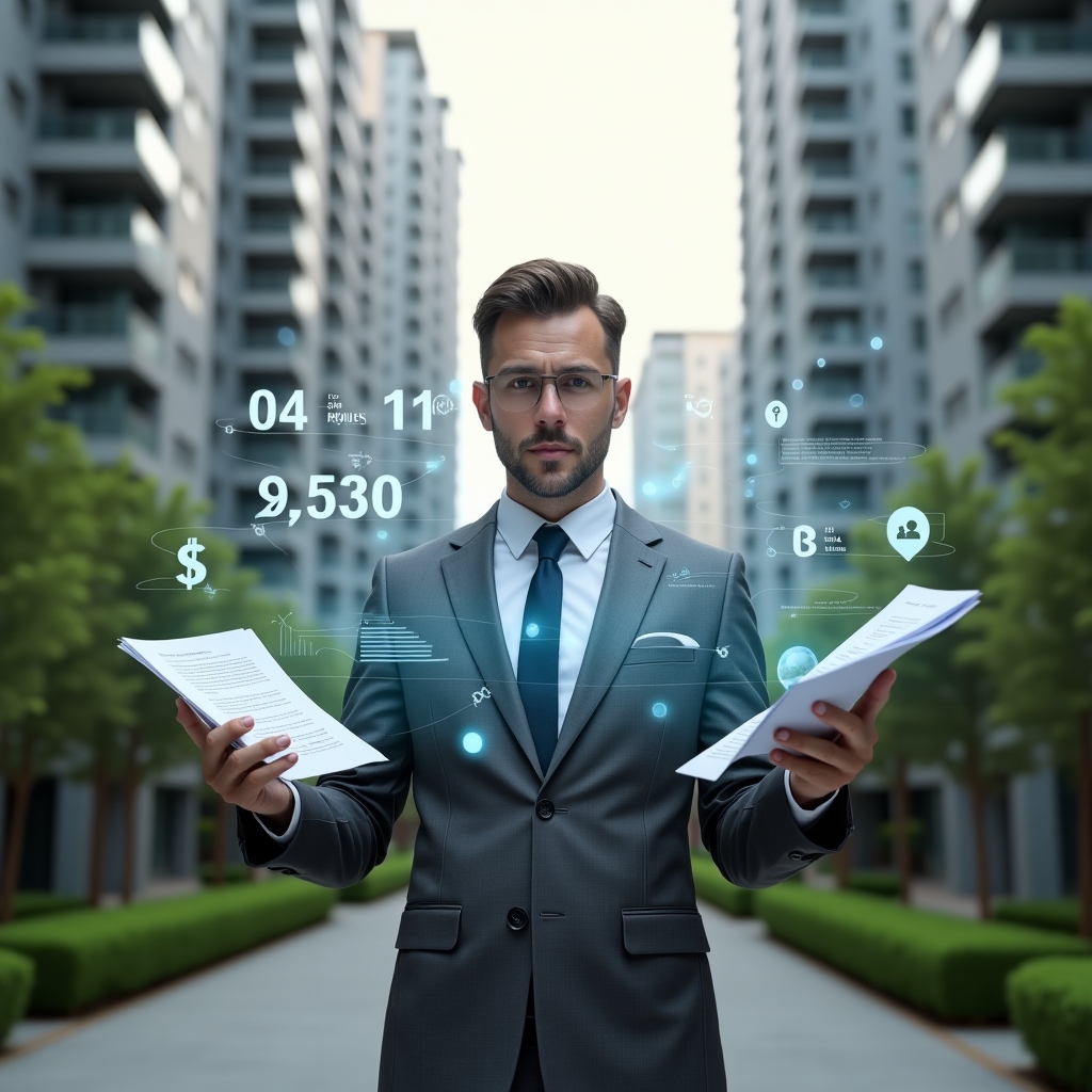 Ultra-realistic property manager in a charcoal gray tailored suit, set in a modern luxury condominium environment with high-rise buildings and manicured green landscaping, mid shot of a confident manager analyzing floating holographic cost‐reduction graphs and contract documents, with translucent icons of water drops, lightbulbs, and dollar signs orbiting around, cinematic lighting, shallow depth of field, highly detailed textures, realistic skin, photographic realism, 8k resolution --ar 1:1 --v 6
