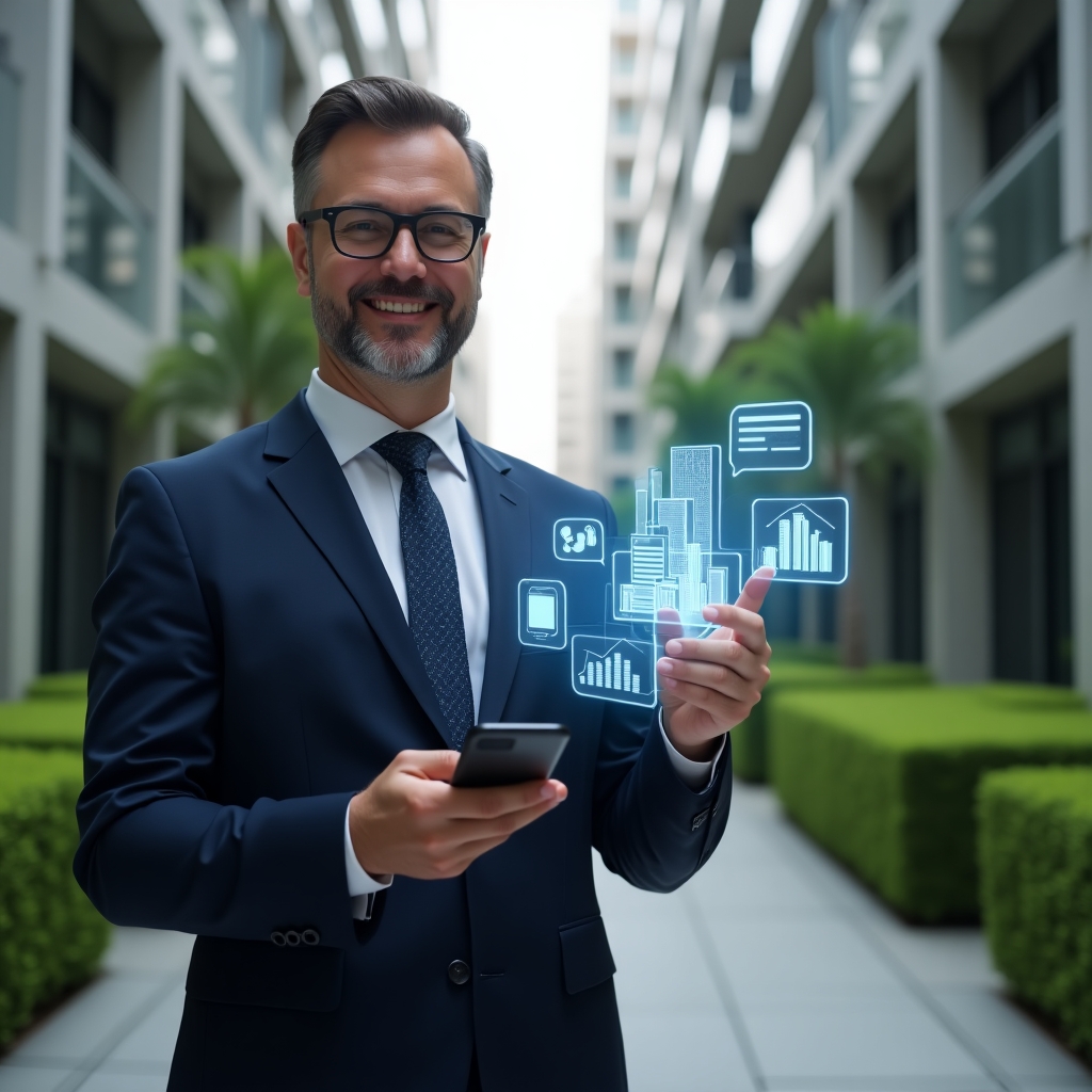 (Ultra-realistic condominium manager in a navy business suit, set in a modern luxury condominium environment with high-rise buildings and manicured green landscaping, medium shot of the professional holding a smartphone displaying a floating holographic interface with chat bubbles, financial charts and building icons, confident and optimistic expression, cinematic lighting, shallow depth of field, highly detailed textures, realistic skin, photographic realism, 8k resolution --ar 1:1 --v 6)