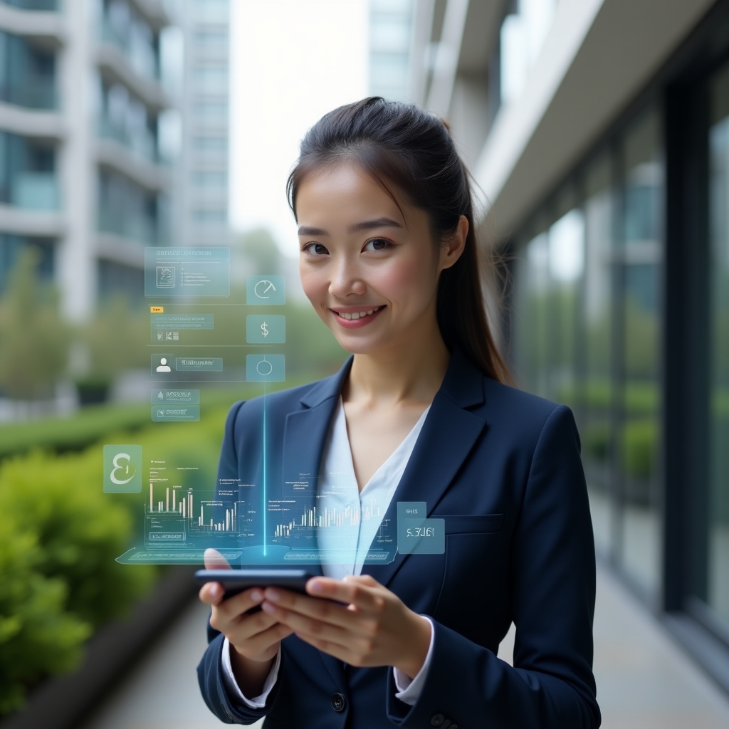 (Ultra-realistic female condominium manager in a navy executive suit, set in a modern luxury condominium environment with high-rise buildings and manicured green landscaping, mid-shot holding a smartphone displaying a digital management dashboard with graphs, reservations and payment notifications, holographic icons of an app interface floating around her, confident and approachable expression, cinematic lighting, shallow depth of field, highly detailed textures, realistic skin, photographic realism, 8k resolution --ar 1:1 --v 6)