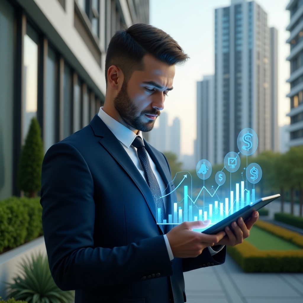 (Ultra-realistic condominium manager in a tailored navy blue suit, set in a modern luxury condominium environment with high-rise buildings and meticulously landscaped greenery, studying holographic financial charts projected from a transparent tablet, confident and analytical expression, floating bar graphs and icons symbolizing finance and communication, cinematic lighting, photographic realism, shallow depth of field, highly detailed textures, realistic skin, 8k resolution --ar 1:1 --v 6)