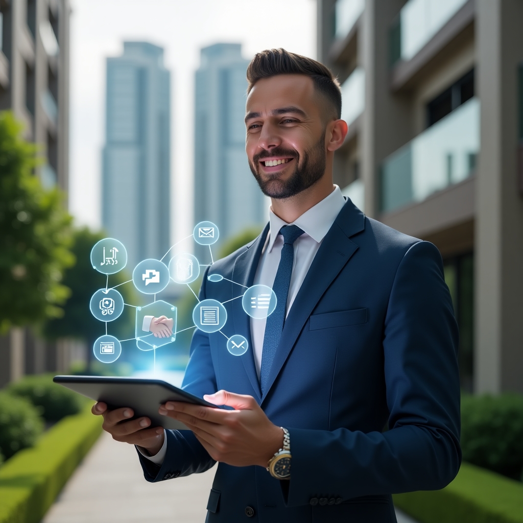 (Ultra-realistic condominium manager in a tailored navy blue suit, set in a modern luxury condominium environment with high-rise buildings and manicured green landscaping, midshot holding a tablet projecting holographic icons of communication bubbles, a handshake, a calendar and digital tools to symbolize the 7 golden rules for harmonious living, friendly confident expression, cinematic lighting, shallow depth of field, highly detailed textures, realistic skin, photographic realism, 8k resolution --ar 1:1 --v 6)