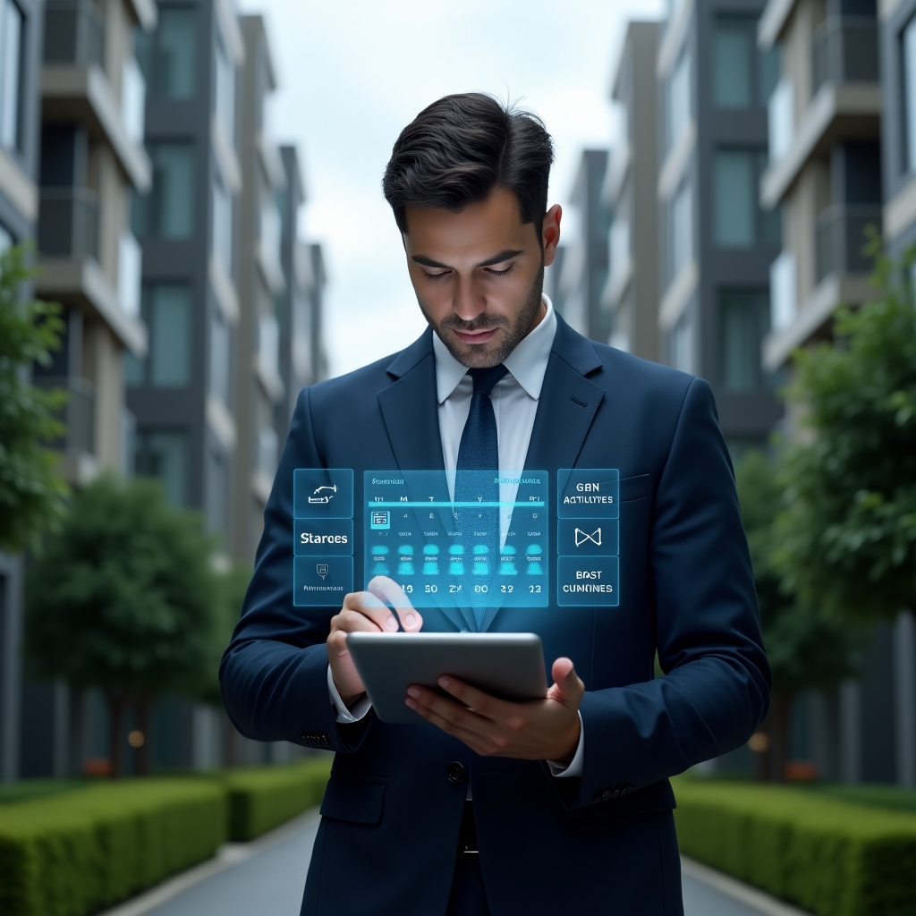 Ultra-realistic condominium manager in a navy business suit, set in a modern luxury condominium environment with high-rise buildings and well-manicured green landscaping, standing in a medium shot as they analyze a holographic annual activity calendar projected above a digital tablet with maintenance, finance, and communication icons, confident and focused expression, cinematic lighting, shallow depth of field, highly detailed textures, realistic skin, photographic realism, 8k resolution --ar 1:1 --v 6