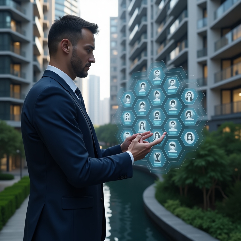 Ultra-realistic condominium manager in a tailored navy suit, set in a modern luxury condominium environment with high-rise buildings and manicured green landscaping, confidently interacting with a glowing holographic schedule interface showing interconnected team and resident icons, cinematic lighting, shallow depth of field, highly detailed textures, realistic skin, photographic realism, 8k resolution --ar 1:1 --v 6