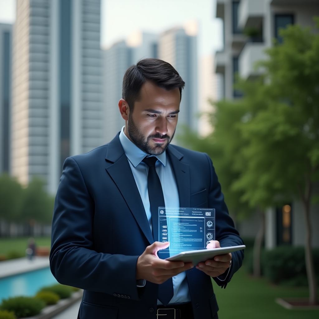 (Ultra-realistic condominium manager in a tailored navy blue suit, set in a modern luxury condominium environment with high-rise buildings and lush green landscaping, mid-shot of a confident professional reviewing a tablet displaying a digital activity schedule, with a floating holographic Gantt chart and maintenance icons, cinematic lighting, shallow depth of field, highly detailed textures, realistic skin, photographic realism, 8k resolution --ar 1:1 --v 6)