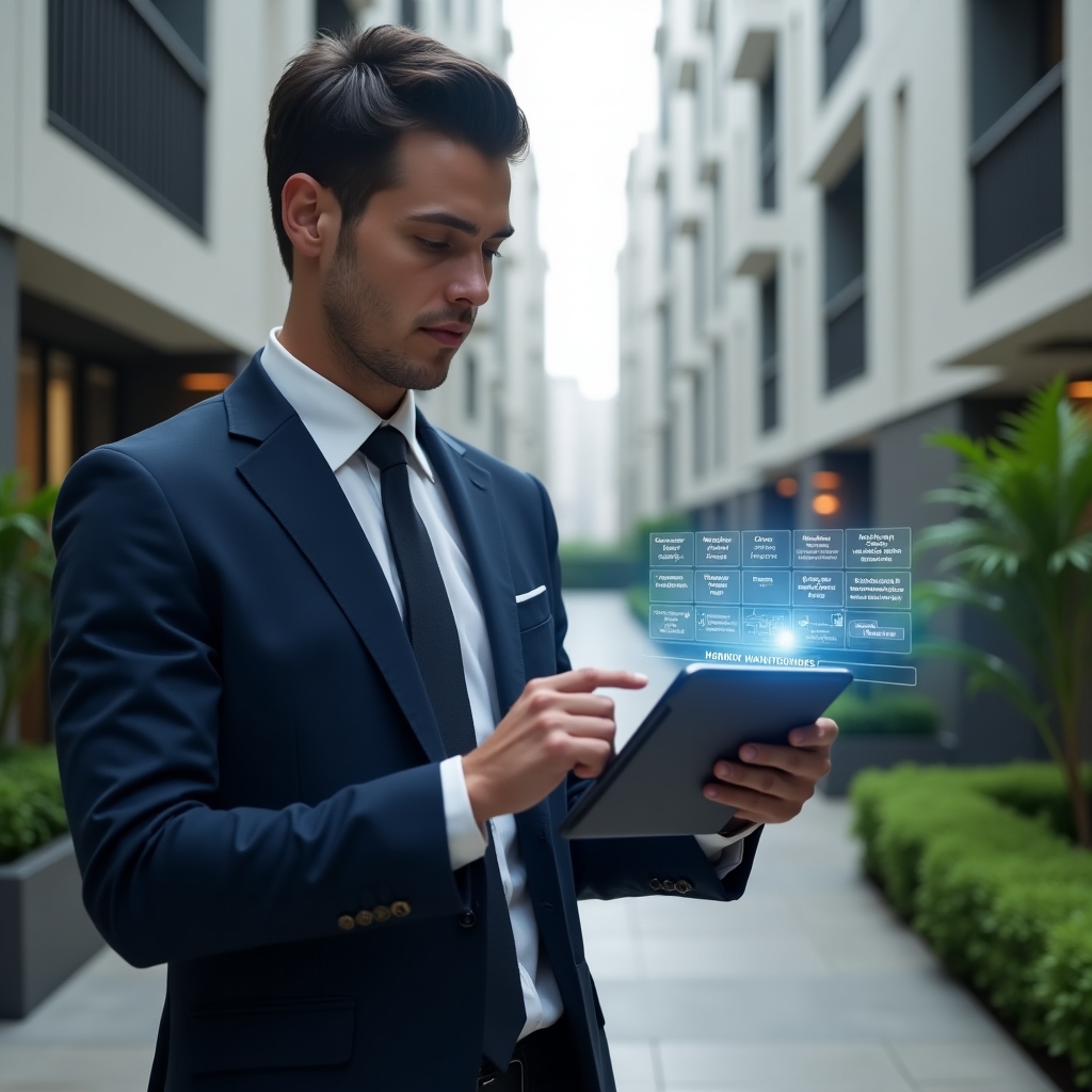 (Ultra-realistic condominium manager in a navy blue tailored suit, set in a modern luxury condominium environment with high-rise buildings and well-manicured greenery, holding a tablet displaying a holographic weekly scheduling interface with maintenance icons, reviewing a digital activity calendar with a focused and confident expression, cinematic lighting, shallow depth of field, highly detailed textures, realistic skin, photographic realism, 8k resolution --ar 1:1 --v 6)