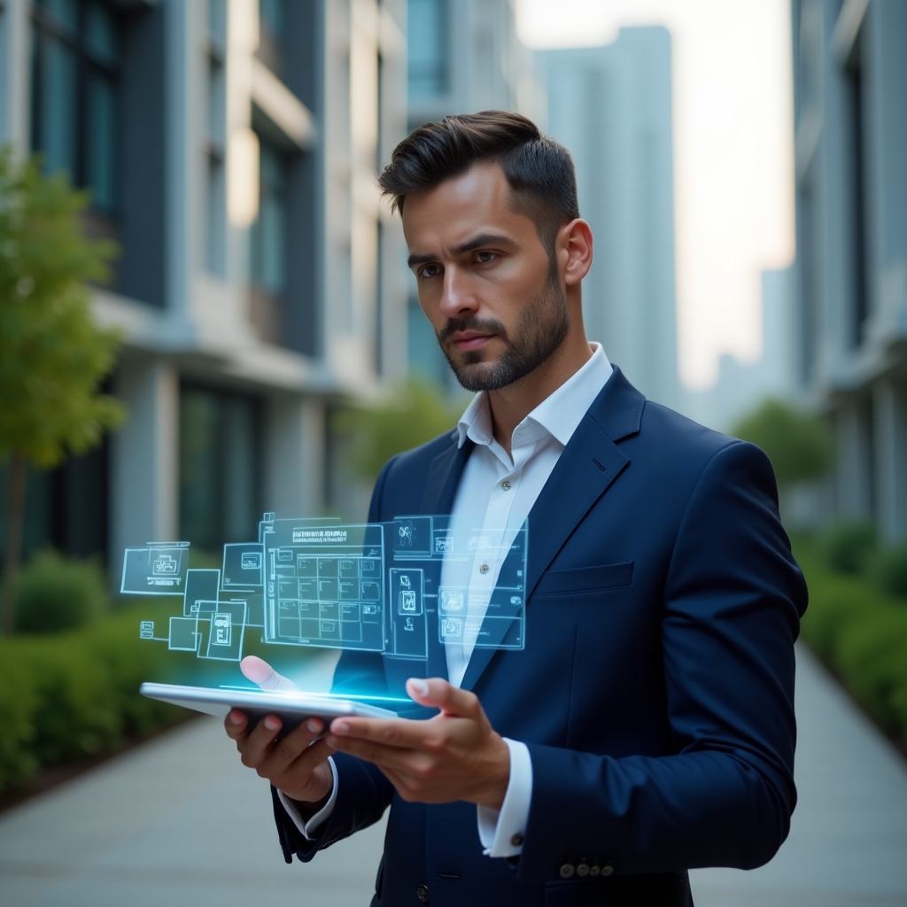 Ultra-realistic condominium manager in a tailored navy-blue suit, set in a modern luxury condominium environment with high-rise buildings and green landscaping, holding a tablet projecting a holographic activity schedule while engaging with digital task icons, confident expression, cinematic lighting, shallow depth of field, highly detailed textures, realistic skin, photographic realism, 8k resolution --ar 1:1 --v 6