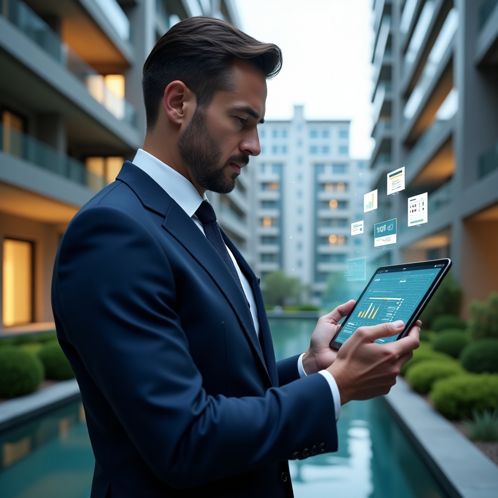 (Ultra-realistic condo manager in a dark blue tailored suit, set in a modern luxury condominium environment with high-rise buildings and manicured green landscaping, confidently interacting with a floating holographic Gantt chart projected from a tablet, calendar icons and spreadsheet symbols orbiting the scene, cinematic lighting, shallow depth of field, highly detailed textures, realistic skin, photographic realism, 8k resolution --ar 1:1 --v 6)
