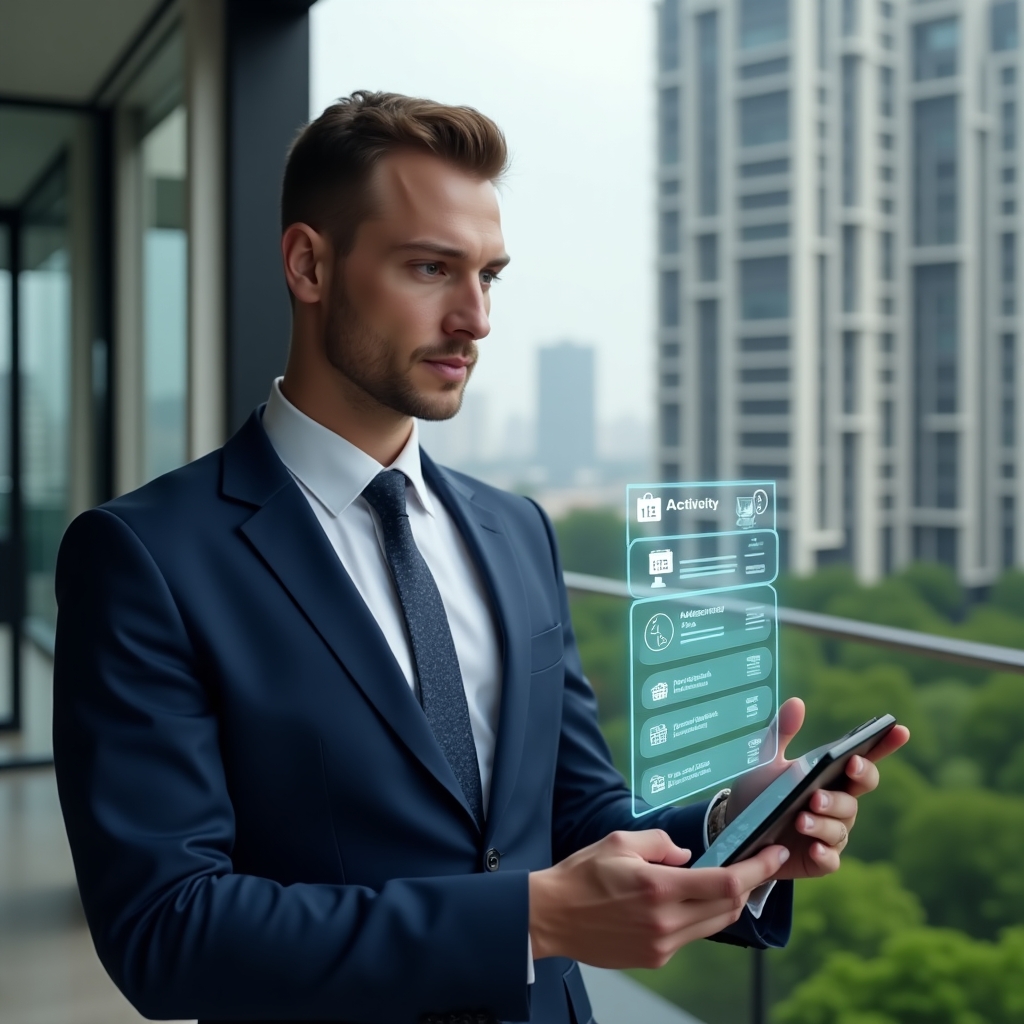 Ultra-realistic condominium manager in a tailored navy blue suit, set in a modern luxury condominium environment with high-rise buildings and lush green landscaping, mid-shot holding a digital tablet and interacting with a holographic activity schedule showing tasks and deadlines, with floating calendar and checklist icons, confident and focused expression, cinematic lighting, shallow depth of field, highly detailed textures, realistic skin, photographic realism, 8k resolution --ar 1:1 --v 6