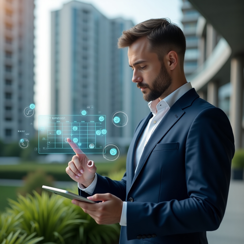 (Ultra-realistic condo manager in a tailored navy blue suit, set in a modern luxury condominium environment with high-rise buildings and green landscaping, mid shot holding a tablet with a holographic calendar overlay, pointing at scheduled tasks with a focused, confident look, floating icons of clocks and checkmarks around the device, cinematic lighting, shallow depth of field, highly detailed textures, realistic skin, photographic realism, 8k resolution --ar 1:1 --v 6)