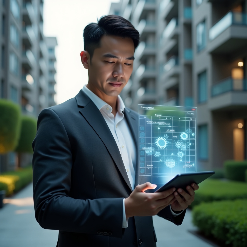 (Ultra-realistic condominium manager in a dark gray suit, set in a modern luxury condominium environment with high-rise buildings and well-kept green landscaping, medium shot holding a tablet projecting a holographic preventive maintenance schedule with floating calendar and gear icons, looking confident and analytical, cinematic lighting, shallow depth of field, highly detailed textures, realistic skin, photographic realism, 8k resolution --ar 1:1 --v 6)