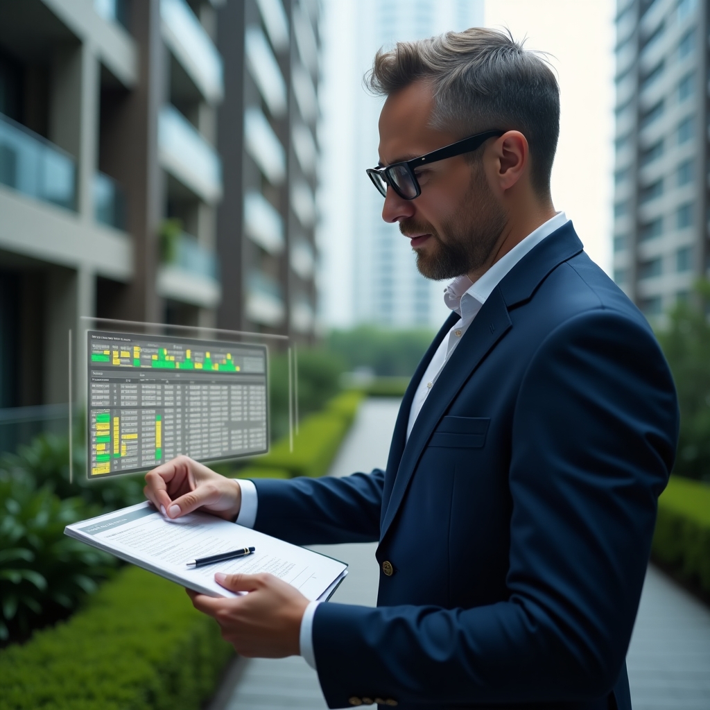 (Ultra-realistic condominium manager in a navy executive suit, set in a modern luxury condominium environment with high-rise buildings and lush green landscaping, analyzing a holographic Excel spreadsheet with Gantt bars and collaborative sticky note icons floating around, confident and focused expression, cinematic lighting, shallow depth of field, highly detailed textures, realistic skin, photographic realism, 8k resolution --ar 1:1 --v 6)