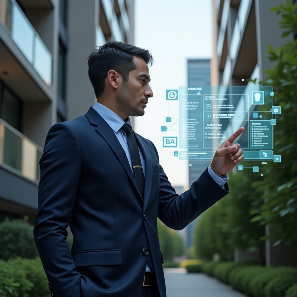 (Ultra-realistic condominium manager in a tailored navy blue suit, set in a modern luxury condominium environment with high-rise buildings and manicured green landscaping, interacting with a holographic dashboard displaying icons for **finance**, **communication**, and **security**, confidently pointing at floating app interface elements, cinematic lighting, shallow depth of field, highly detailed textures, realistic skin, photographic realism, 8k resolution --ar 1:1 --v 6)