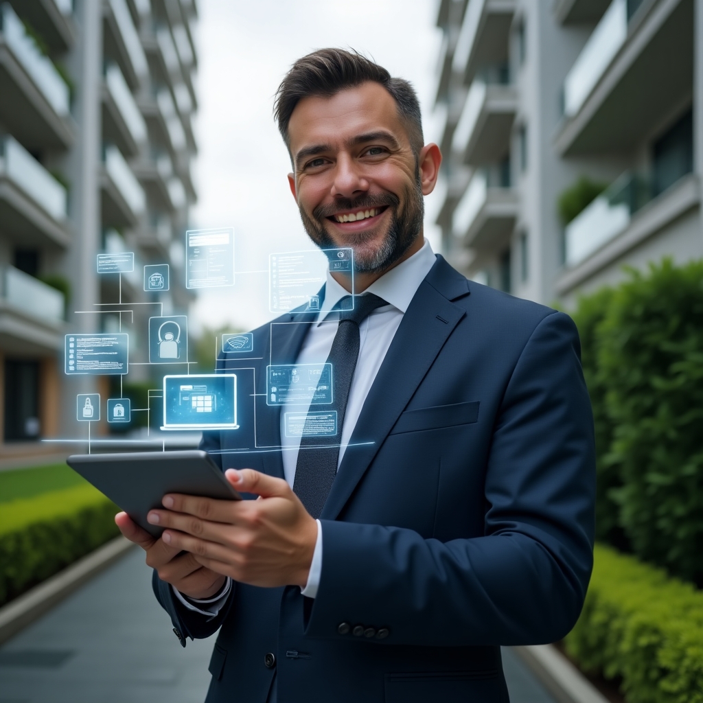 Ultra-realistic condominium manager in a tailored navy suit, set in a modern luxury condominium environment with high-rise buildings and manicured green landscaping, holding a digital tablet and smiling confidently while holographic icons of messaging alerts, reservation calendars, financial dashboards and security locks float around him, cinematic lighting, shallow depth of field, highly detailed textures, realistic skin, photographic realism, 8k resolution --ar 1:1 --v 6