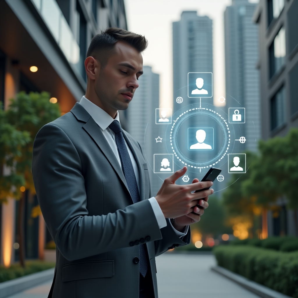 Ultra-realistic condominium manager in a charcoal grey suit, set in a modern luxury condominium environment with high-rise buildings and manicured gardens, holding a smartphone projecting holographic icons of billing, security shields, chat bubbles, and user profiles, confidently analyzing the floating interface to debunk management myths, cinematic lighting, shallow depth of field, highly detailed textures, realistic skin, photographic realism, 8k resolution --ar 1:1 --v 6