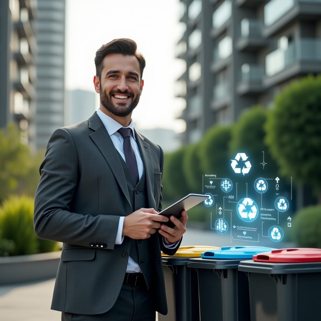 (Ultra-realistic condominium manager in a tailored charcoal gray suit, set in a modern luxury condominium environment with high-rise buildings and manicured green landscaping, standing next to color‐coded recycling bins while holding a sleek tablet displaying cost-saving and recycling dashboards, holographic recycling icons and partnership handshake symbol floating beside them, confident and engaging expression, cinematic lighting, shallow depth of field, highly detailed textures, realistic skin, photographic realism, 8k resolution --ar 1:1 --v 6)