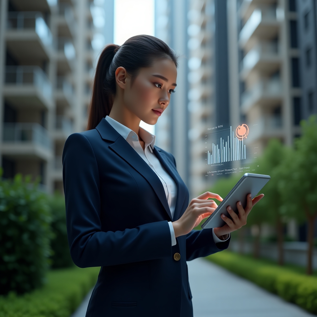 Ultra-realistic female condominium manager in a tailored navy blue suit, set in a modern luxury condominium environment with high-rise buildings and manicured green landscaping, medium shot holding a tablet projecting holographic financial graphs and a glowing digital piggy bank icon, analyzing reserve fund data with a thoughtful expression, cinematic lighting, shallow depth of field, highly detailed textures, realistic skin, photographic realism, 8k resolution --ar 1:1 --v 6