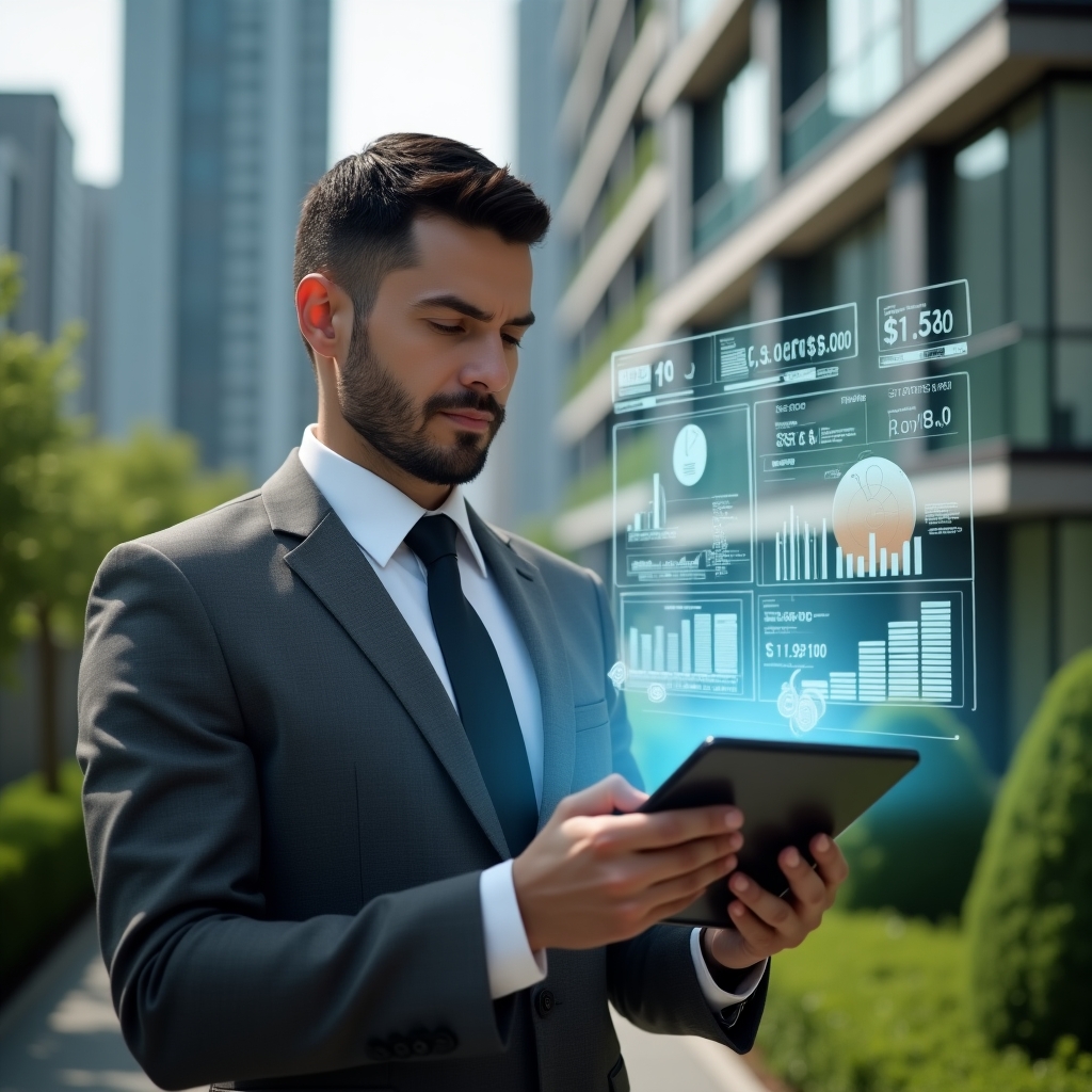 Ultra-realistic condominium manager in a charcoal gray suit, set in a modern luxury condominium environment with high-rise buildings and lush green landscaping, holding a tablet displaying holographic pie charts and bar graphs distinguishing ordinary and extraordinary expenses, floating icons of coins and documents around the screen, confidently analyzing financial data with a thoughtful expression, cinematic lighting, shallow depth of field, highly detailed textures, realistic skin, photographic realism, 8k resolution --ar 1:1 --v 6