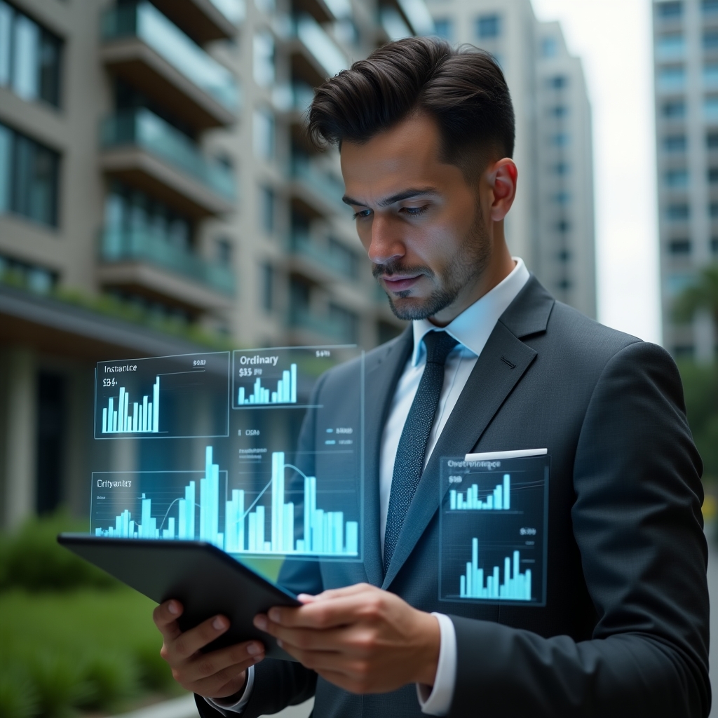 (Ultra-realistic condominium manager in a charcoal gray tailored suit, set in a modern luxury condominium environment with high-rise buildings and green landscaping, analyzing holographic financial charts differentiating ordinary vs extraordinary expenses with a focused expression, floating expense icons around a tablet screen, cinematic lighting, shallow depth of field, highly detailed textures, realistic skin, photographic realism, 8k resolution --ar 1:1 --v 6)