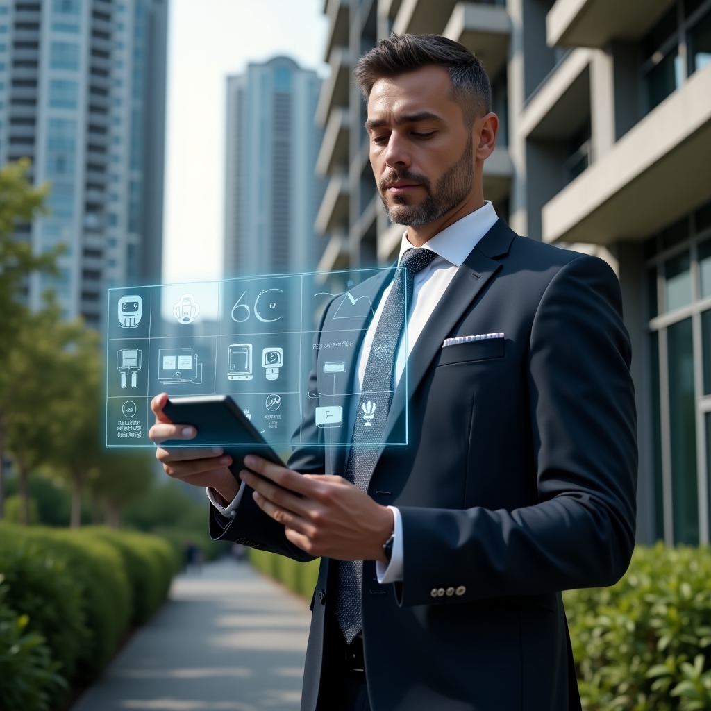 Ultra-realistic condo manager in a tailored dark suit, set in a modern luxury condominium environment with high-rise buildings and manicured greenery, interacting with a holographic building automation interface showing IoT sensors, energy efficiency icons and security camera feeds, confident expression, cinematic lighting, shallow depth of field, highly detailed textures, realistic skin, photographic realism, 8k resolution --ar 1:1 --v 6