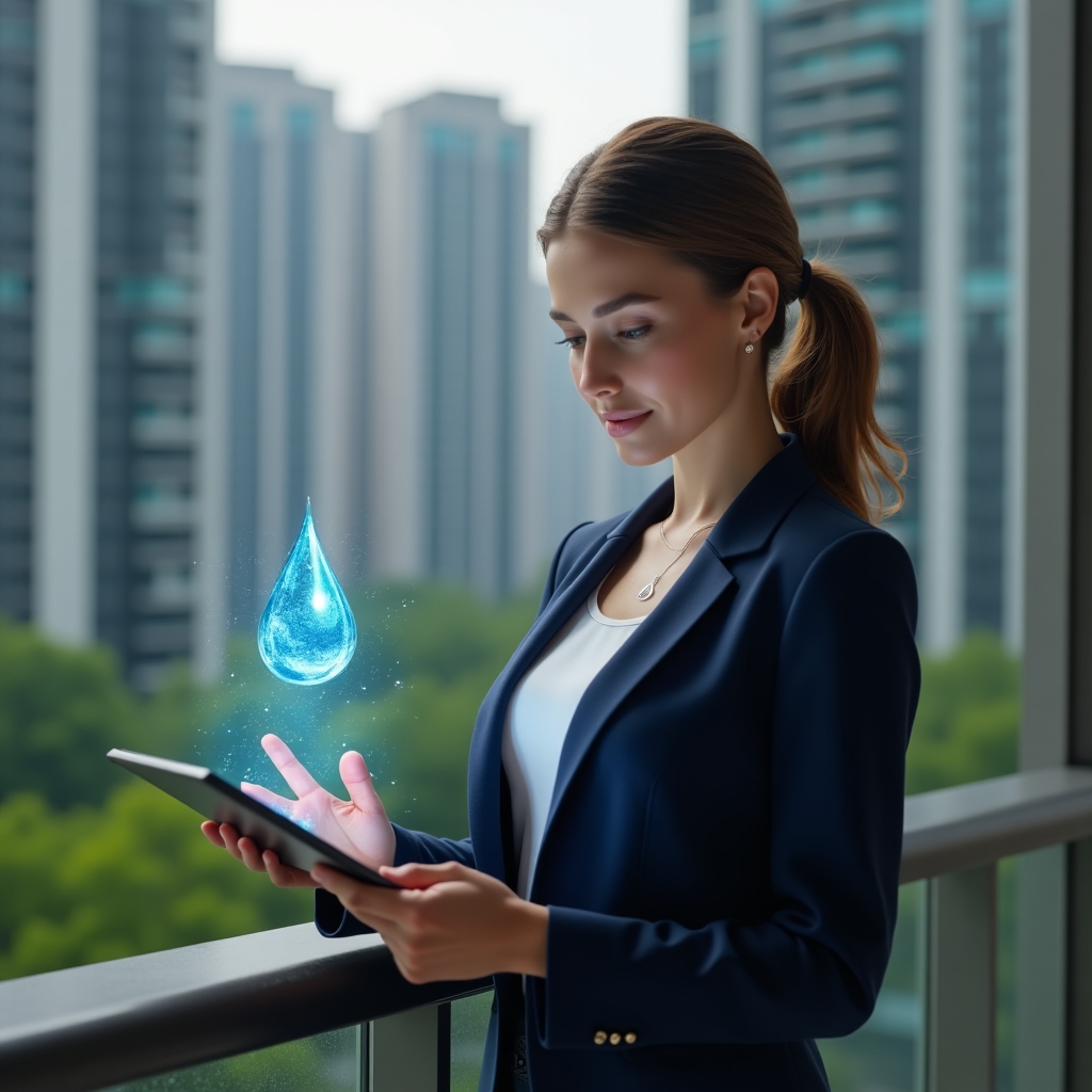 (Ultra-realistic female condominium manager in a navy blue tailored suit, set in a modern luxury condominium environment with high-rise buildings and lush green landscaping, analyzing a digital water consumption dashboard on a tablet with a floating holographic water droplet icon, conveying confidence and sustainability, cinematic lighting, shallow depth of field, highly detailed textures, realistic skin, photographic realism, 8k resolution --ar 1:1 --v 6)