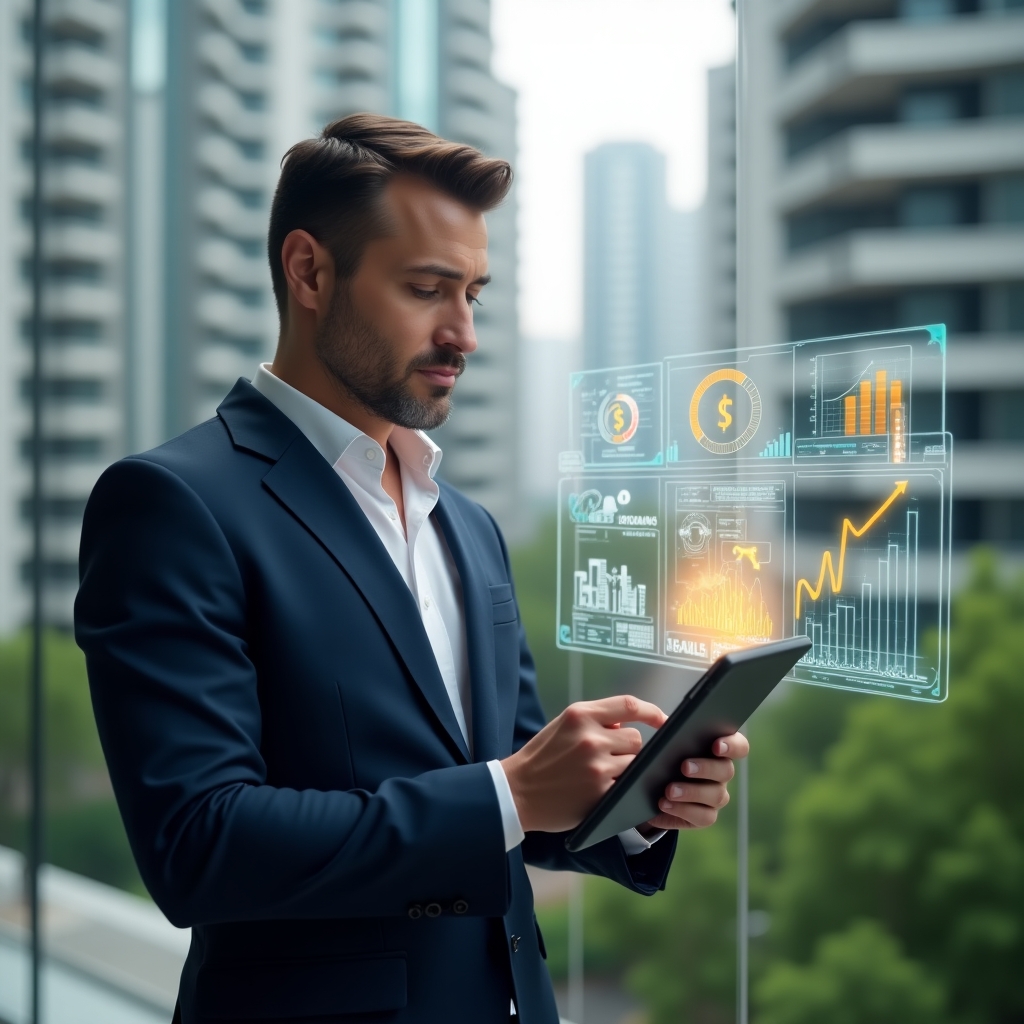 (Ultra-realistic condominium manager in a navy tailored suit, set in a modern luxury condominium environment with high-rise buildings and lush green landscaping, holding a tablet displaying cost-saving graphs and pointing at floating holographic icons of energy savings, maintenance tools, and downward-trend dollar signs, confident and thoughtful expression, cinematic lighting, shallow depth of field, highly detailed textures, realistic skin, photographic realism, 8k resolution --ar 1:1 --v 6)