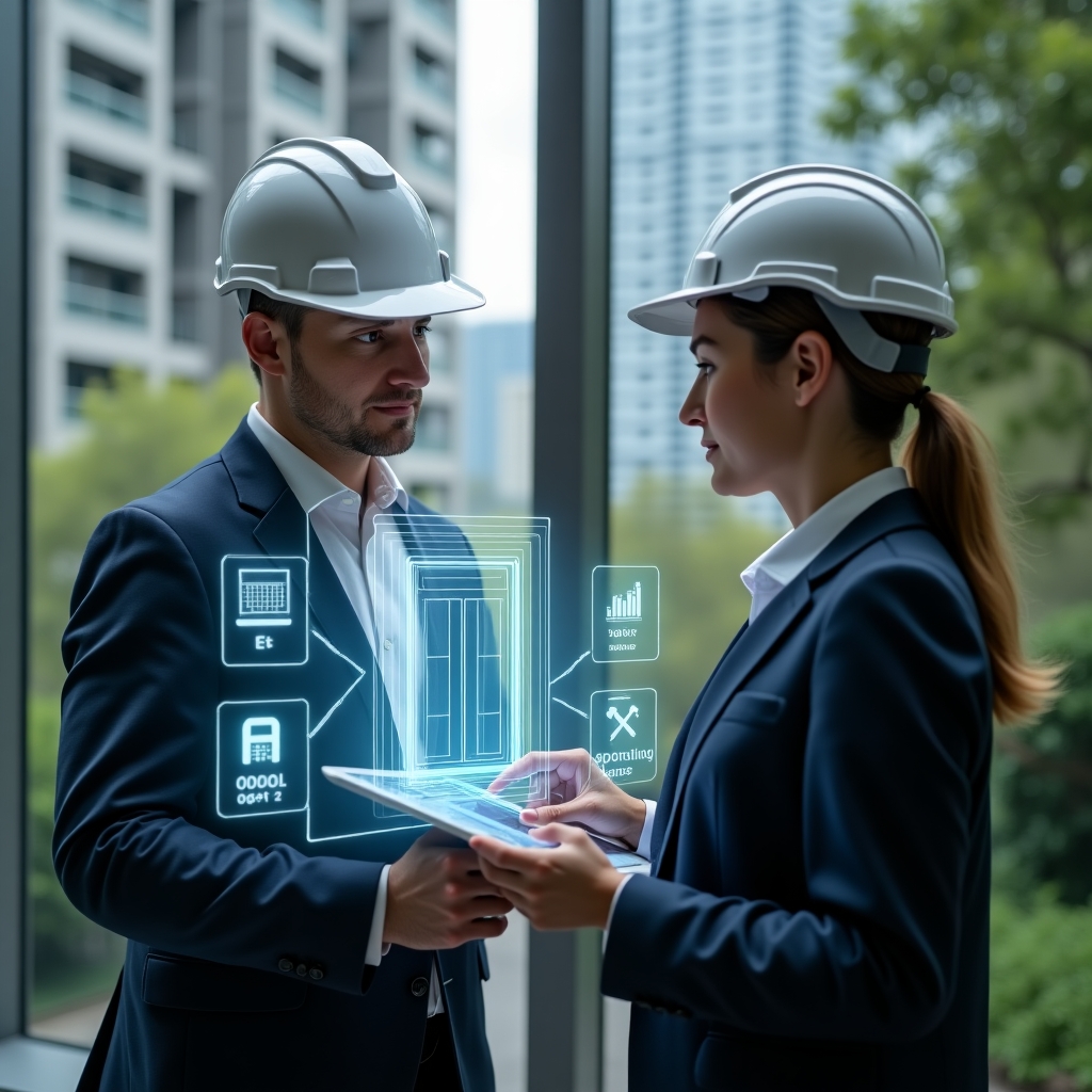 (Ultra-realistic condominium manager in a dark navy suit and white shirt with a safety helmet, set in a modern luxury condominium environment with high-rise buildings and lush green landscaping, medium shot, holding a digital tablet projecting a holographic elevator schematic, expression confident and focused, floating icons of tools and safety checklists around them, cinematic lighting, shallow depth of field, highly detailed textures, realistic skin, photographic realism, 8k resolution --ar 1:1 --v 6)