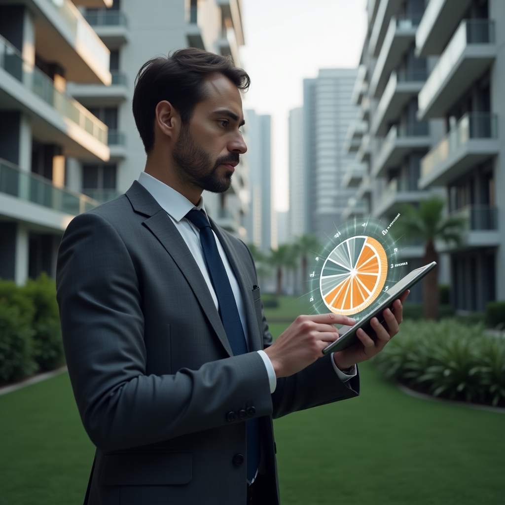 (Ultra-realistic condominium manager in a charcoal gray suit, set in a modern luxury condominium environment with high-rise buildings and manicured green landscaping, examining a tablet projecting a 3D holographic pie chart of the ideal fraction distribution, thoughtful expression analyzing fair share calculations, cinematic lighting, shallow depth of field, highly detailed textures, realistic skin, photographic realism, 8k resolution --ar 1:1 --v 6)